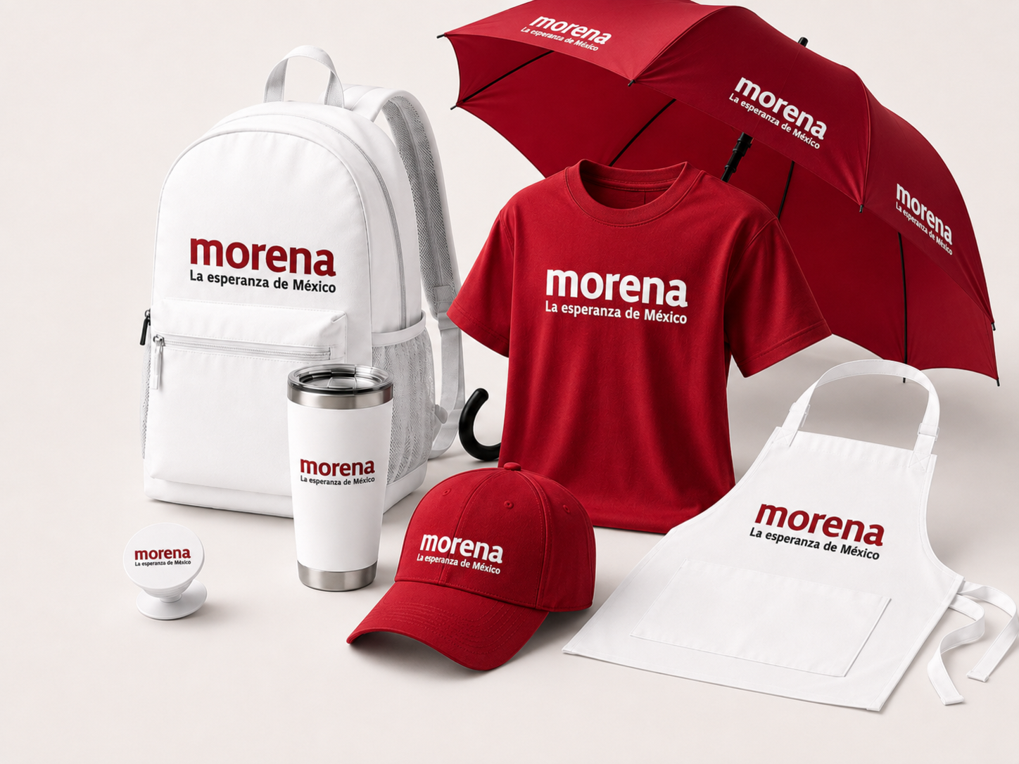 Mochila, playera, gorra, termo, paraguas, mandil y pop socket personalizados con el logotipo de PromosMex